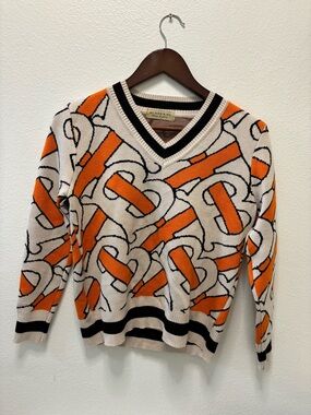 Burberry V-Neck Knit Sweater in Cream, Black & Orange-Brown